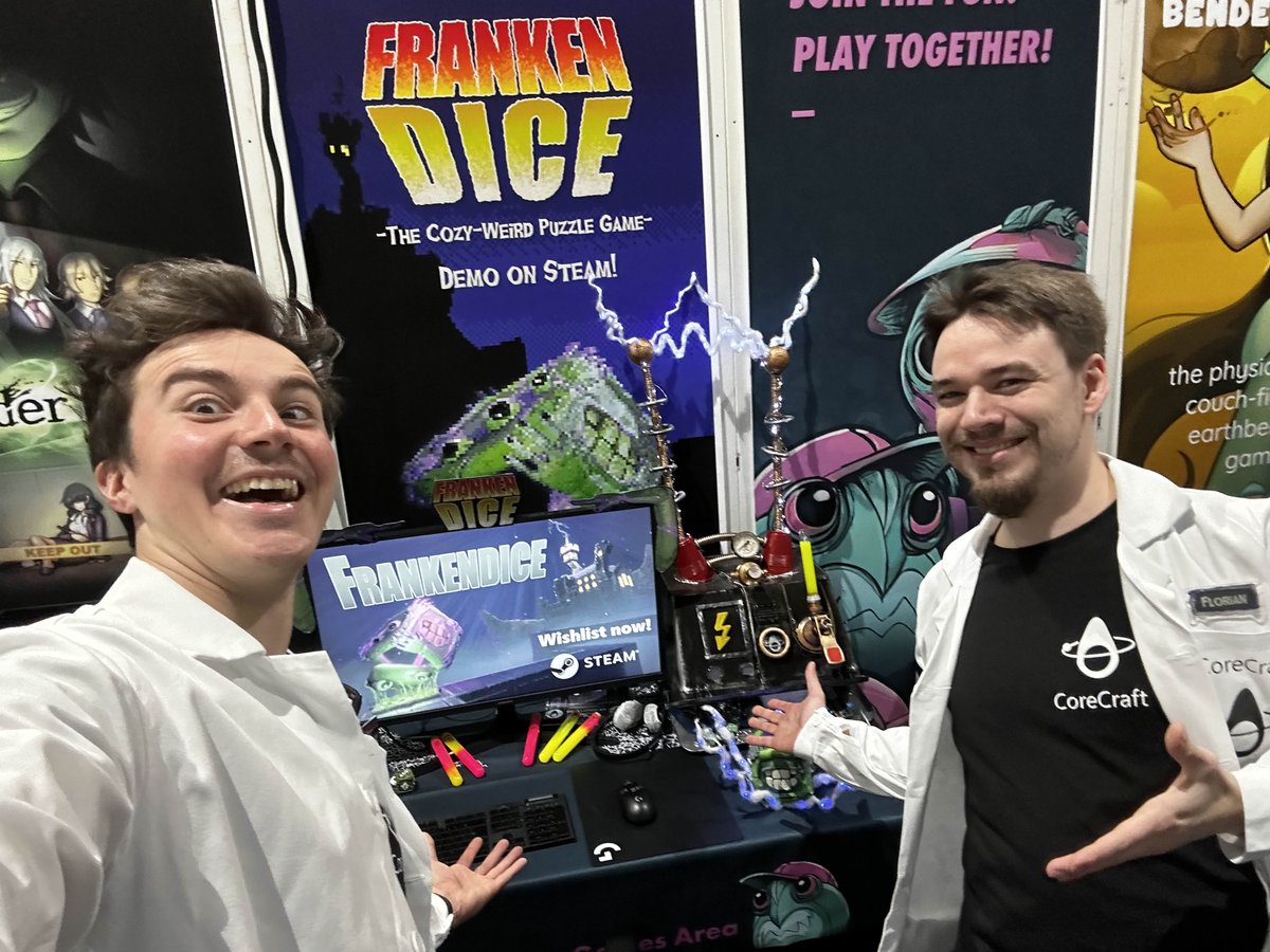 CoreCraftGames's tweet image. Come visit out stand at 5E31 #dokomi2024 and try our game Frankendice!🤩

If you impress us with your puzzling skills we might even reward you with some super cool Franky merch.😉🎲