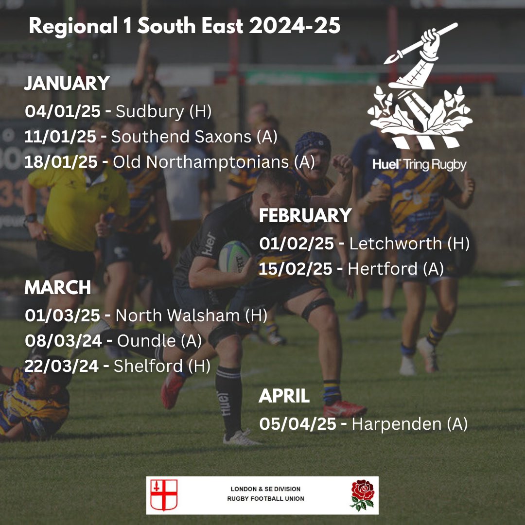 1ST XV FIXTURES ANNOUNCEMENT 

And here it is… the 1st XV’s fixtures for this season’s Regional One South East League! 

In what will no doubt be a competitive league, the boys begin their season with a huge derby, hosting local rivals Harpenden at Cow Lane on September 7th.