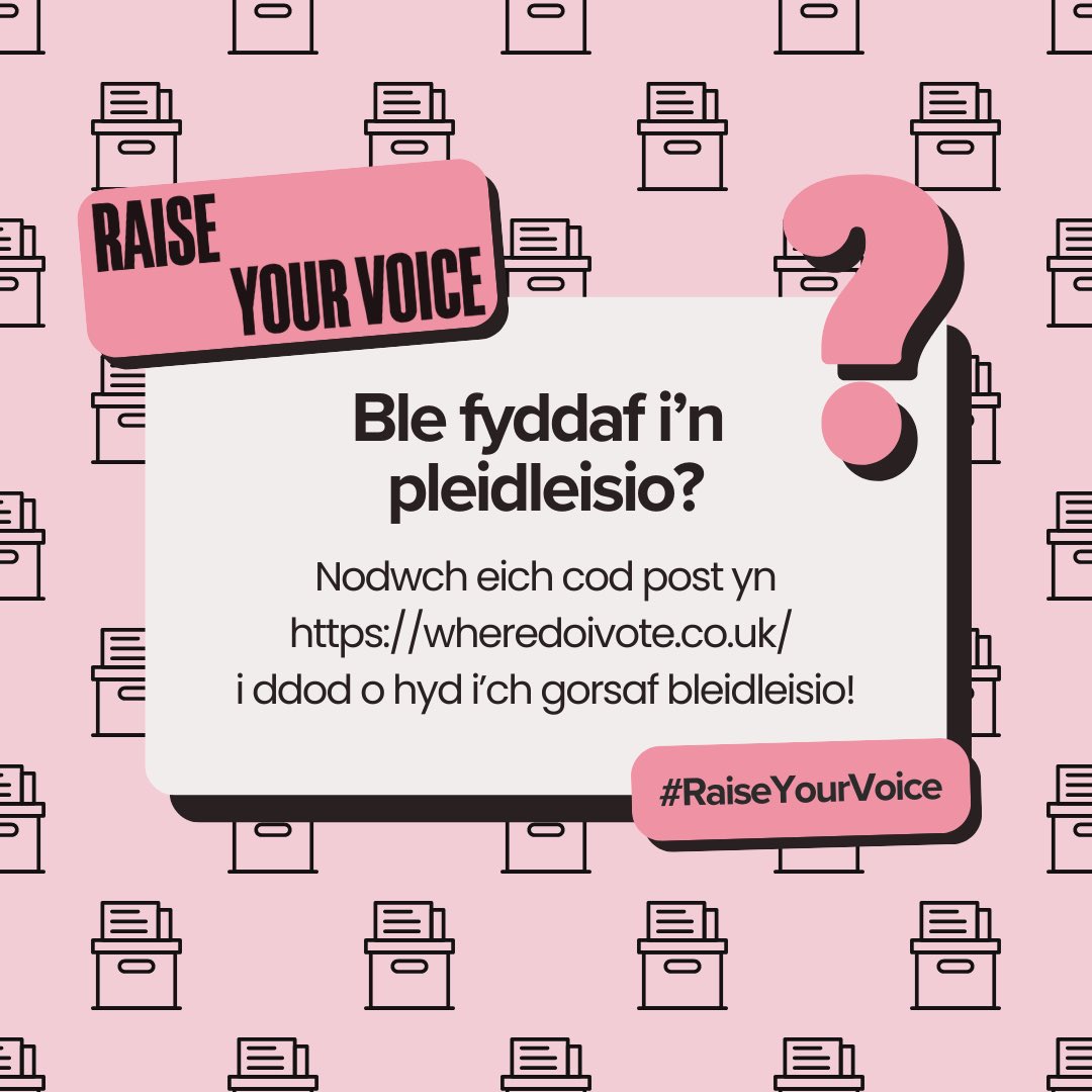 ❓ Ble fyddaf in pleidleisio?

Nodwch eich cod post yn wheredoivote.co.uk i ddod o hyd i ch gorsaf bleidleisio! 🗳️

<a href="/BGCWales/">BGC Wales</a> 
<a href="/SwanseaMAD/">Swansea MAD</a> 
<a href="/WelshGovernment/">Welsh Government</a> 

#RaiseYourVoice