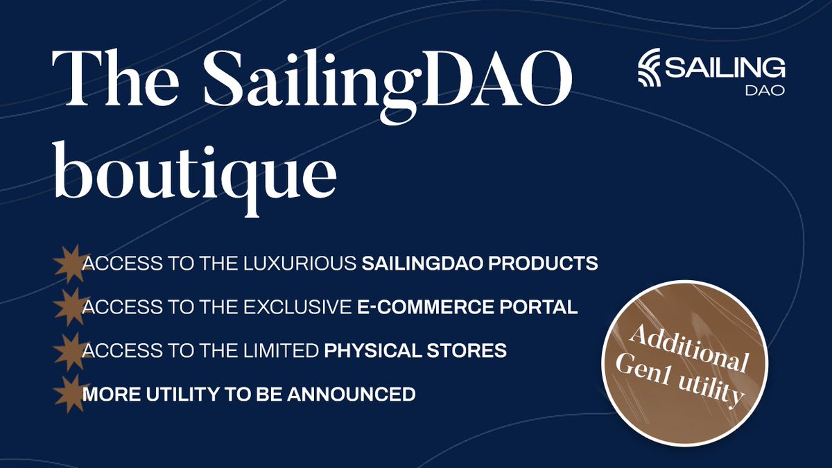SailingDAO's tweet photo. Ahoy, crewmates! 🫡

Introducing the gem of our platform - the SailingDAO boutique 💎

Gen1 holders will get exclusive access to our e-commerce portal, where you can buy various products anytime, online and offline.

We'll also have selected physical stores in Italy (STEP 1) and worldwide, offering high-end and luxury products just for SailingDAO Yacht Club members. 

To top it off, all products, curated by our Luxury Boutique Partners, come with special discounts and perks. 

The crew, how are we feeling about that one?