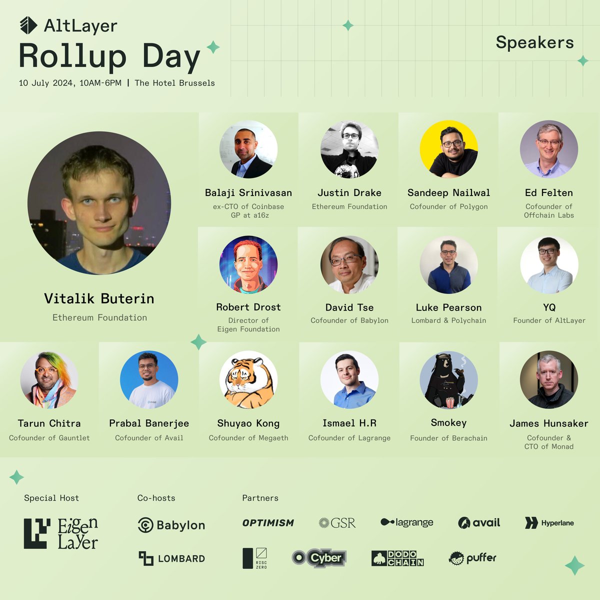🇧🇪 Presenting AltLayer ROLLUP DAY 🇧🇪

✦ Special Host @eigenlayer
✦ Co-hosts <a href="/babylon_chain/">BabylonChain</a>/ <a href="/Lombard_Finance/">Lombard</a>
✦ Partners <a href="/Optimism/">Optimism</a>  <a href="/GSR_io/">GSR</a>  <a href="/lagrangedev/">LAGRANGE</a> <a href="/AvailProject/">Avail</a> <a href="/hyperlane/">Hyperlane ⏩</a> <a href="/RiscZero/">RISC Zero</a> <a href="/BuildOnCyber/">Cyber</a> @DODO_chain <a href="/puffer_finance/">Puffer Finance 🐡</a>

Meet legend <a href="/VitalikButerin/">vitalik.eth</a> &amp; others 🔥