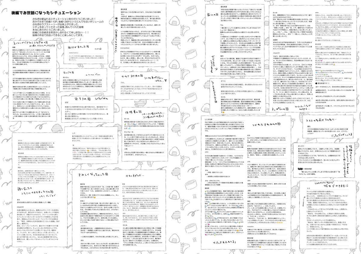 送っていただいたシチュエーションになります。
字が小さくなってしまって&全てのシチュエーション反映できなくてすみません(しかもまぁまぁ改造しまくりという)
さねぎゆへの愛溢れる場面ばかりで本当に本当にありがとうございました。
あの…私じゃ書ききれなかった分みなさん書いてね! 