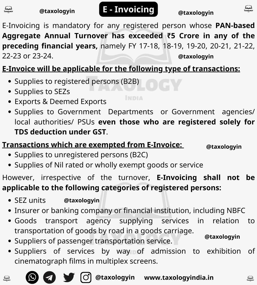 taxologyin's tweet photo. E-Invoicing will be applicable if the turnover has exceeded ₹5 crore in any of the preceding financial years.

Lets understand more about E-invoice & its applicability in a simple way.
