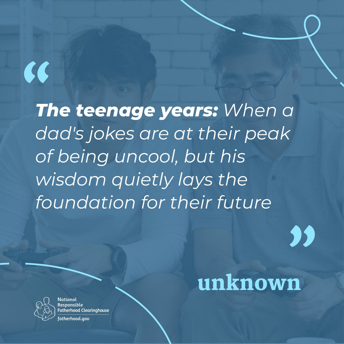 Fatherhoodgov's tweet photo. The teenage years: When a dad's jokes are at their peak of being uncool, but his wisdom quietly lays the foundation for their future.

#parentingmemes #parentinghumor #parentingquotes #dadliferules #parenthood #dadposts #dadsofteens #dadsofamerica #americandad #ilovemydad https://t.co/ucSZte4mA9