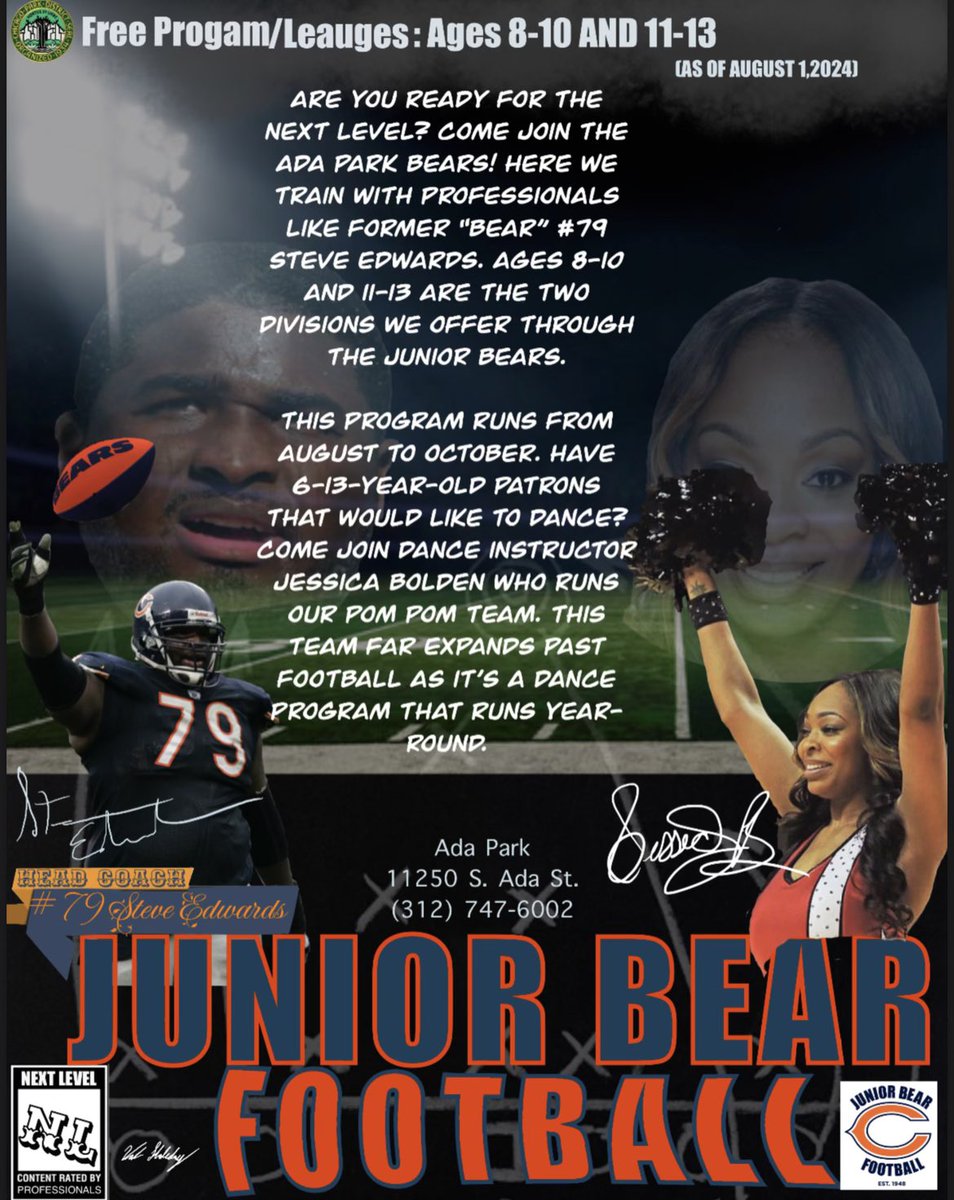 Great opportunity to go get better! Very rare to see *FREE* opportunities! Young cats take advantage! Funded by the Chicago Bears!