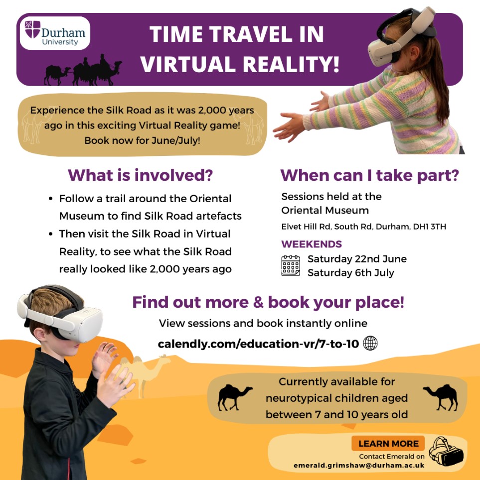 Ever wanted to travel back in time? We're looking for families with children aged 7-10 years to take part in University research. Using virtual reality technology children can find out what the Silk Road looked like 2000 years ago.

Click for more info: bit.ly/3xGlYC3