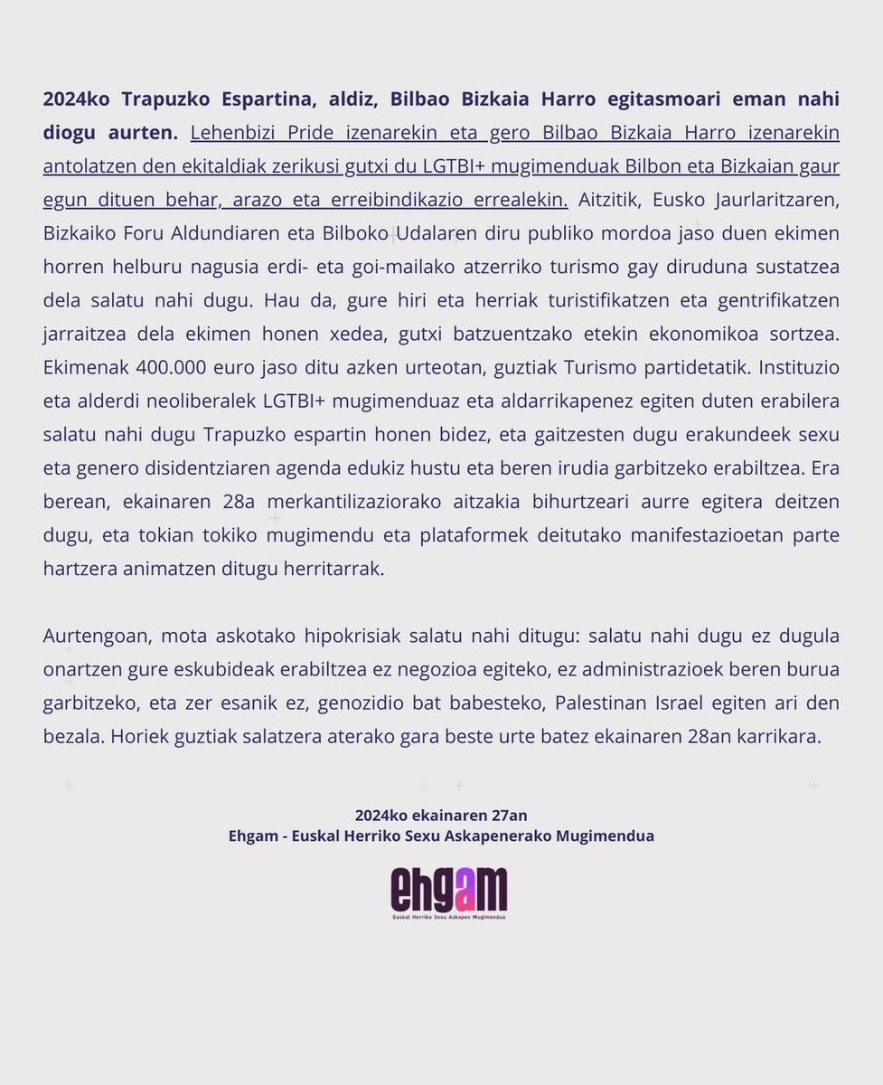 2024ko Urrezko Hirukia Altxa Liliri eman diogu, LGTBI eta queer errealitateei Ipar EHko barnealdean ikusgarritasuna eta erreferentzialtasuna emateagatik. Trapuzko Espartina Bilbao Bizkaia Harrori, gure borrokaren instrumentalizazio kapitalista  eta merkantilizazioa sustatzeagatik