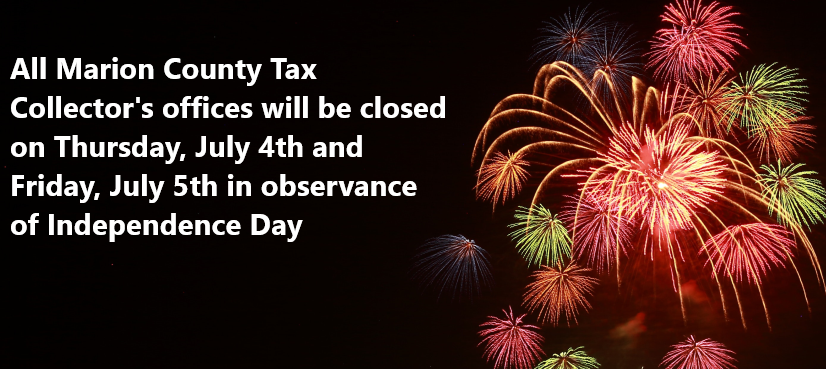 MarionTax's tweet photo. All Marion County Tax Collector offices will be closed Thursday, July 4th and Friday, July 5th in observance of Independence Day. We will re-open normal business hours on Monday https://t.co/6b0ft3QntG