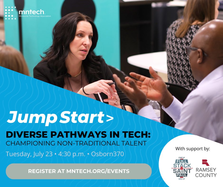mntechassoc's tweet image. Jumpstart is a community built by MnTech for emerging tech talent. We're hosting our next event on July 23 with panels on championing non-traditional talent. Join us to hear stories of how to break into tech and to network. Register here: mntech.org/jumpstart-q3-2…