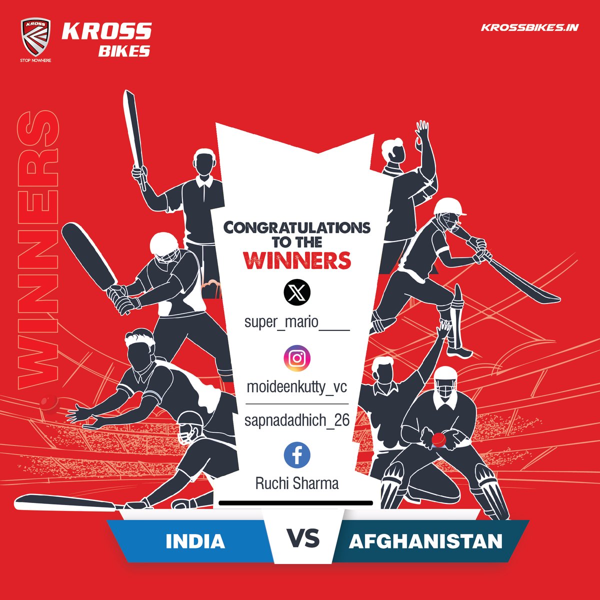 Kross_Bikes's tweet photo. Congratulations to our contest winners! Thank you for participating in the India vs Afghanistan match contest.

All the winners are requested to DM us your details and address to claim your prizes.

#KrossBikes #WinWithKross #BoundaryBreakers #Winners #Congratulations https://t.co/Pj274hlmDV