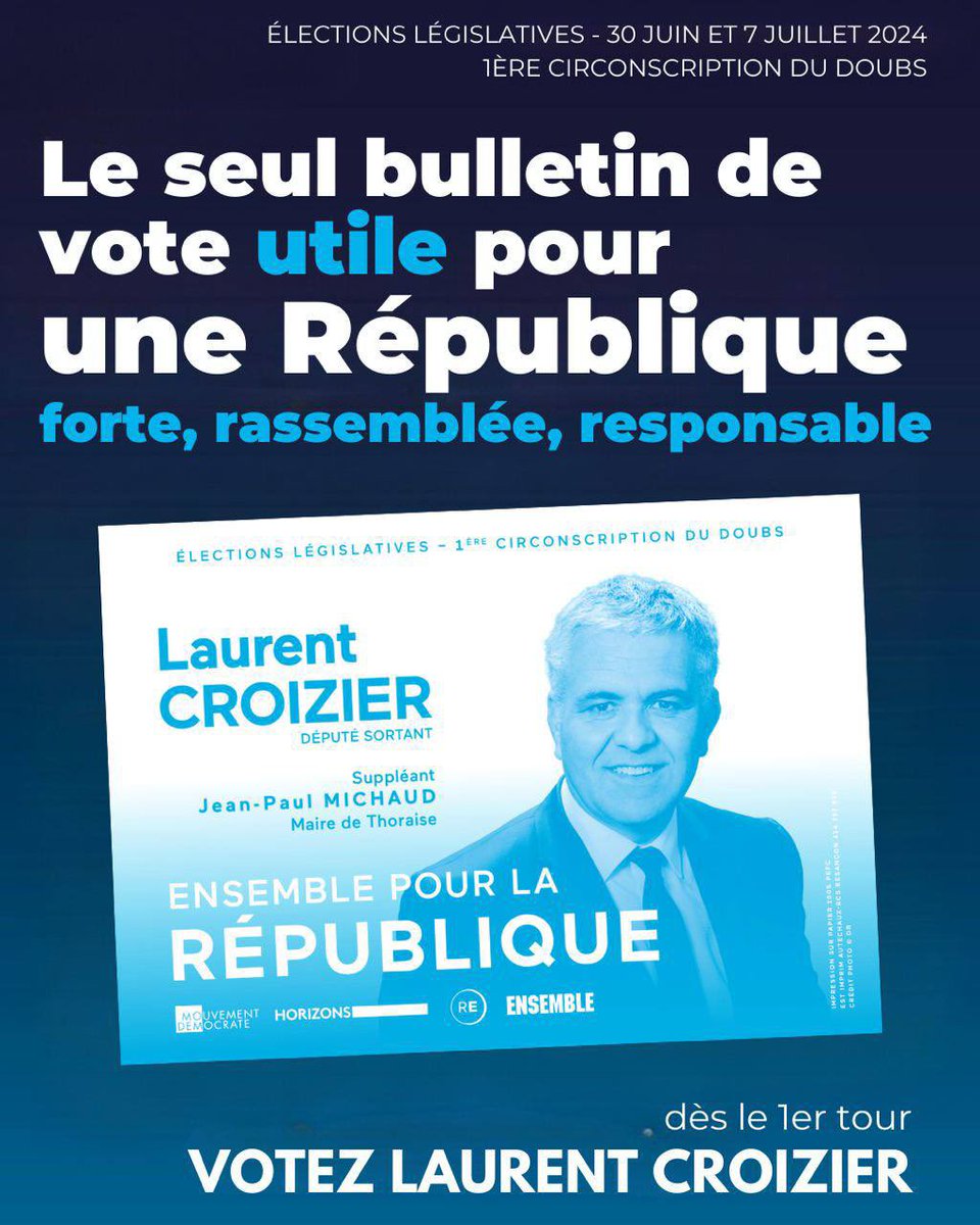 #legislative2024 Je vote pour <a href="/CroizierLaurent/">Laurent Croizier</a> qui saura travailler à l'apaisement pour nous tous. Pour la démocratie, pour la République, pour la France!