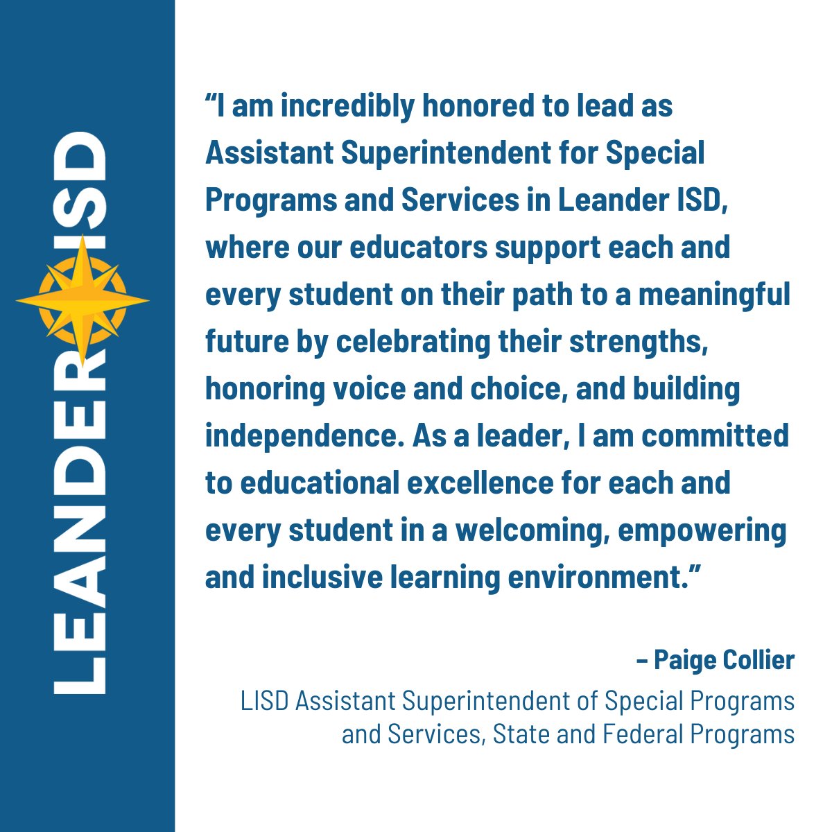 #1LISD is thrilled to announce Paige Collier, an established leader within the district, as the newest Assistant Superintendent of Special Programs and Services, State and Federal Programs. 

Read more: bit.ly/3zjwZtw

#NoPlaceLikeLISD