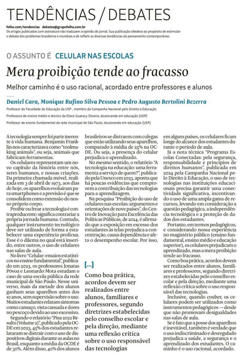 Nosso estudo sobre uso de celulares foi citado em artigo de <a href="/DanielCara/">Daniel Cara - Educação e Ciência</a> e colaboradores na <a href="/folha/">Folha de S.Paulo</a> de hoje.

É uma alegria participar do debate público e contribuir com temas relevantes.
