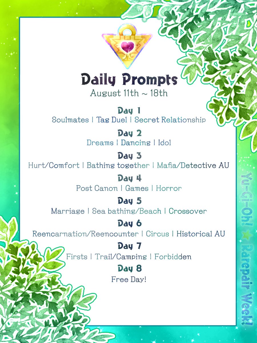 YGOrarepairweek's tweet photo. The waiting is over!

Here is this year prompts! 💚🌿 https://t.co/0hp6BXtzBU