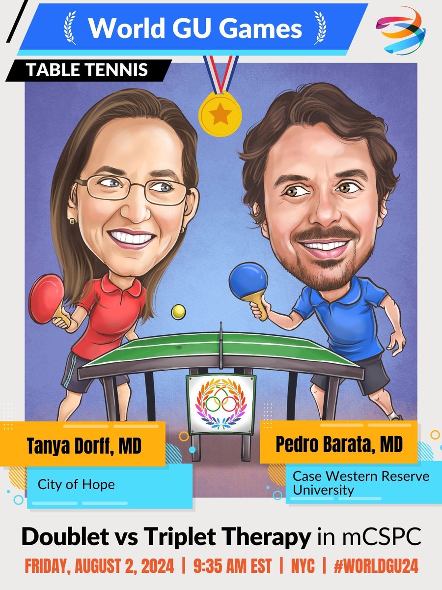 GUconference's tweet photo. In the spirit of the summer games, #WorldGU24 presents 5 Debate Championships. LIVE in New York, 8/2/24: 🏓 Drs. Dorff vs Barata will ping pong between Doublet vs Triplet Therapy in mCSPC. Who will win the medal? Comment below!  @TDorffOnc @PBarataMD https://t.co/SLNiKkORJV https://t.co/Xmhj8LIvf2