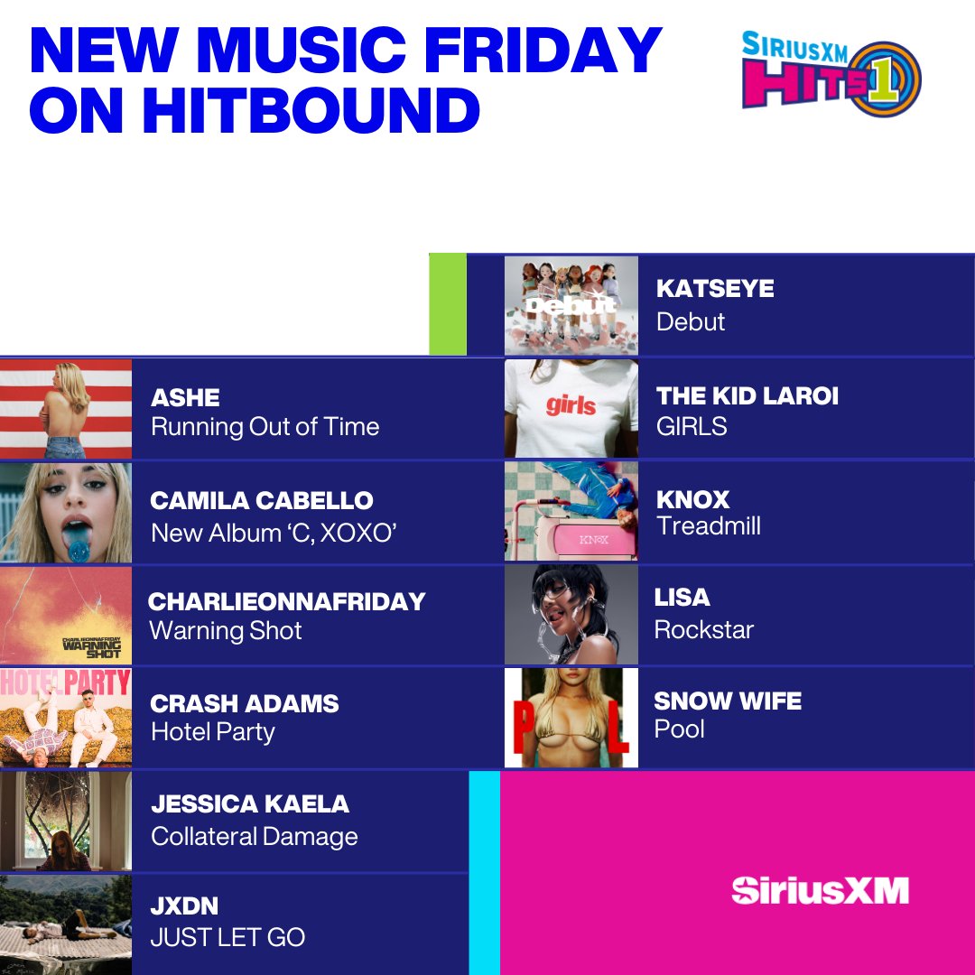 SiriusXMHits1's tweet photo. it's new music fri-yay! here's what's new to #hitbound 💙 https://t.co/x9BdFW6mR0 https://t.co/YeBoNlKWfO