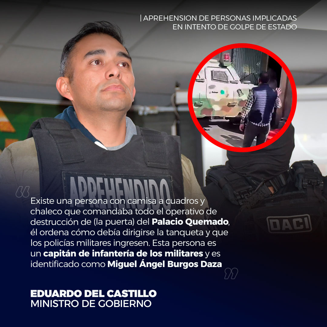 MindeGobierno's tweet photo. El ministro de Gobierno, Eduardo Del Castillo, informó sobre la aprehensión de otros militares que formaban parte de la estructura que intentó dar un Golpe de Estado el pasado miércoles. Hasta el momento existen 21 aprehendidos.

#GolpeDeEstado https://t.co/OjRJDeW1FS