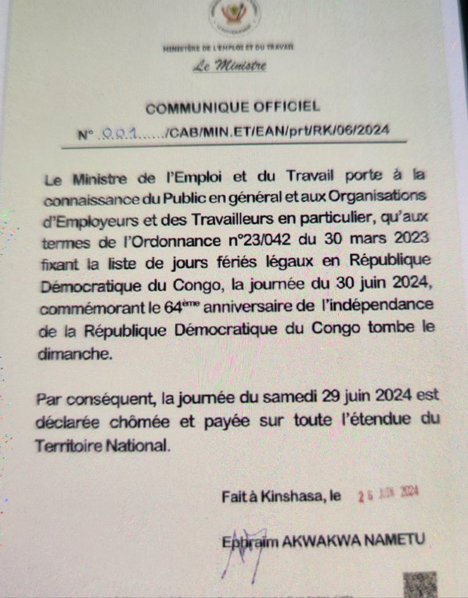 🇨🇩 À l'occasion de la Journée de l'Indépendance de la RDC ce 30 juin, notre ambassade en RSA vous invite à célébrer! Comme c'est un samedi, profitez-en pour honorer notre héritage et réfléchir à notre indépendance. Les activités reprendront normalement le lundi 2 juillet. 🇨🇩#RDC