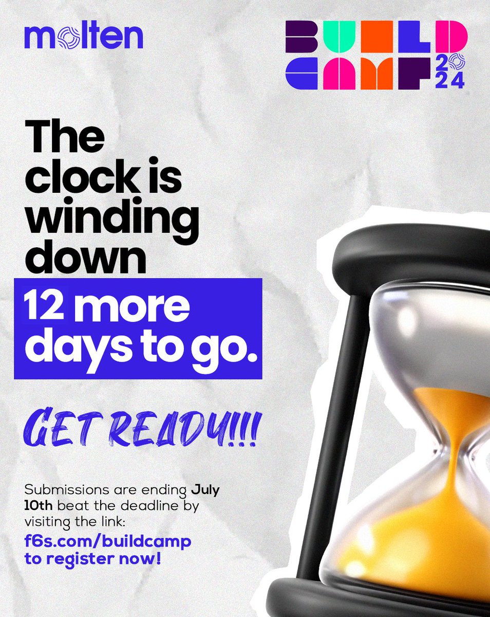 thenovafoundry's tweet photo. BuildCamp countdown is TICKING! 

Don't miss out - applications won't be open forever! 

Head to the link in the bio to register and join! 

BuildCamp is brought to you in partnership with F6S. 

Let's Build something! 

#BuildCamp #Startups #Acceleration  #BuildSomething https://t.co/VRSvYXQzLS