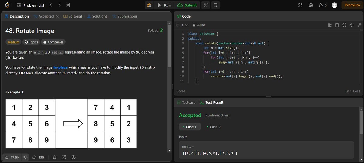 CoderPrathamesh's tweet image. day 18 of #LearnInPublic
Solved 4 medium level #Leetcode problems from @striver_79 's a2z DSA sheet
- Leader in an array
- Set matrix zeros
- Rotate matrix by 90°
- Print matrix in spiral manner