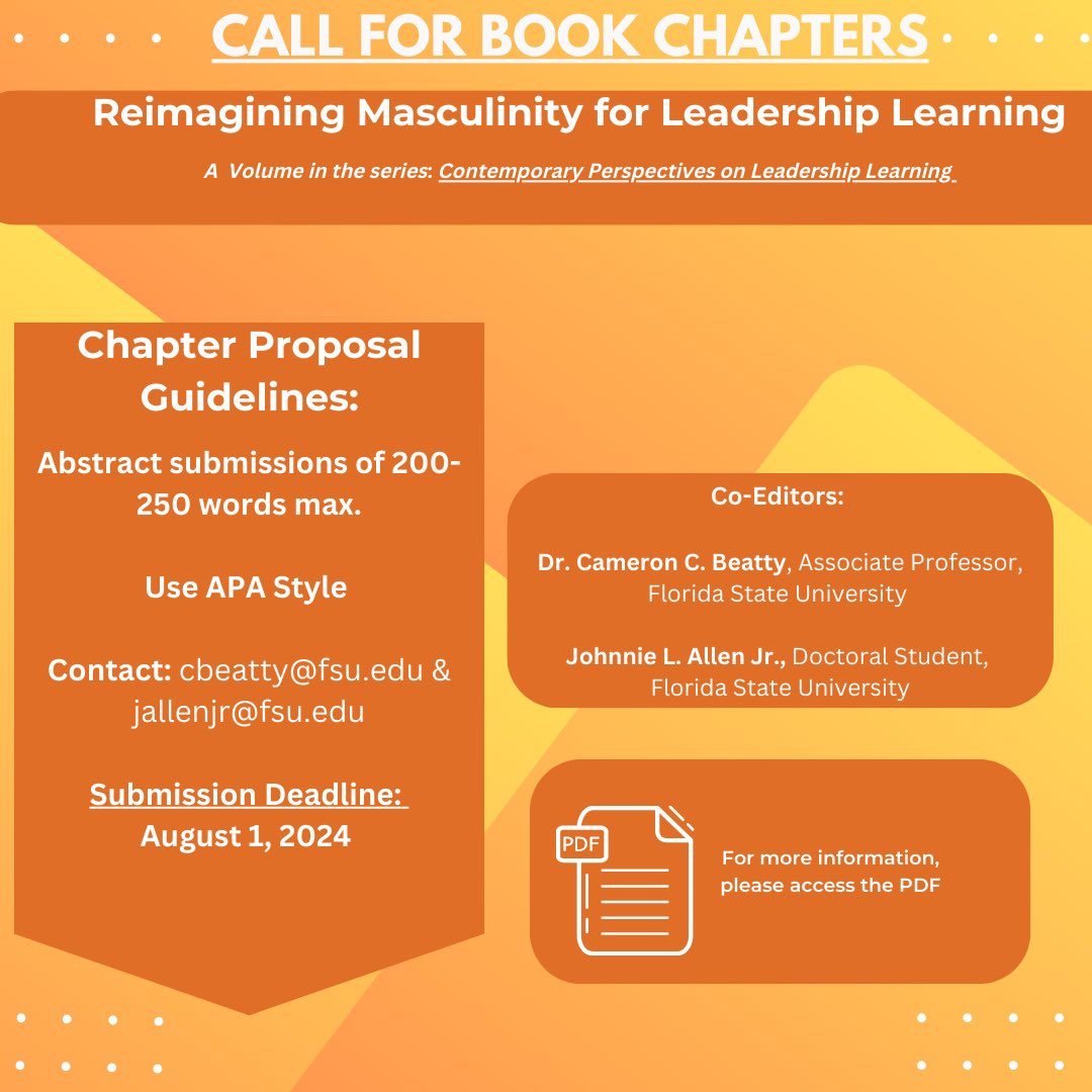 Call for Book Chapter Proposals 🗣️💻📘

Dr. <a href="/CameronCarl/">5503949882</a> and I are excited to announce a Call for Book Chapters toward our upcoming edited book on Reimagining Masculinity for Leadership Learning.

Feel free to share! 

Proposal details: shorturl.at/3FD3S

Deadline: 8/1/2024