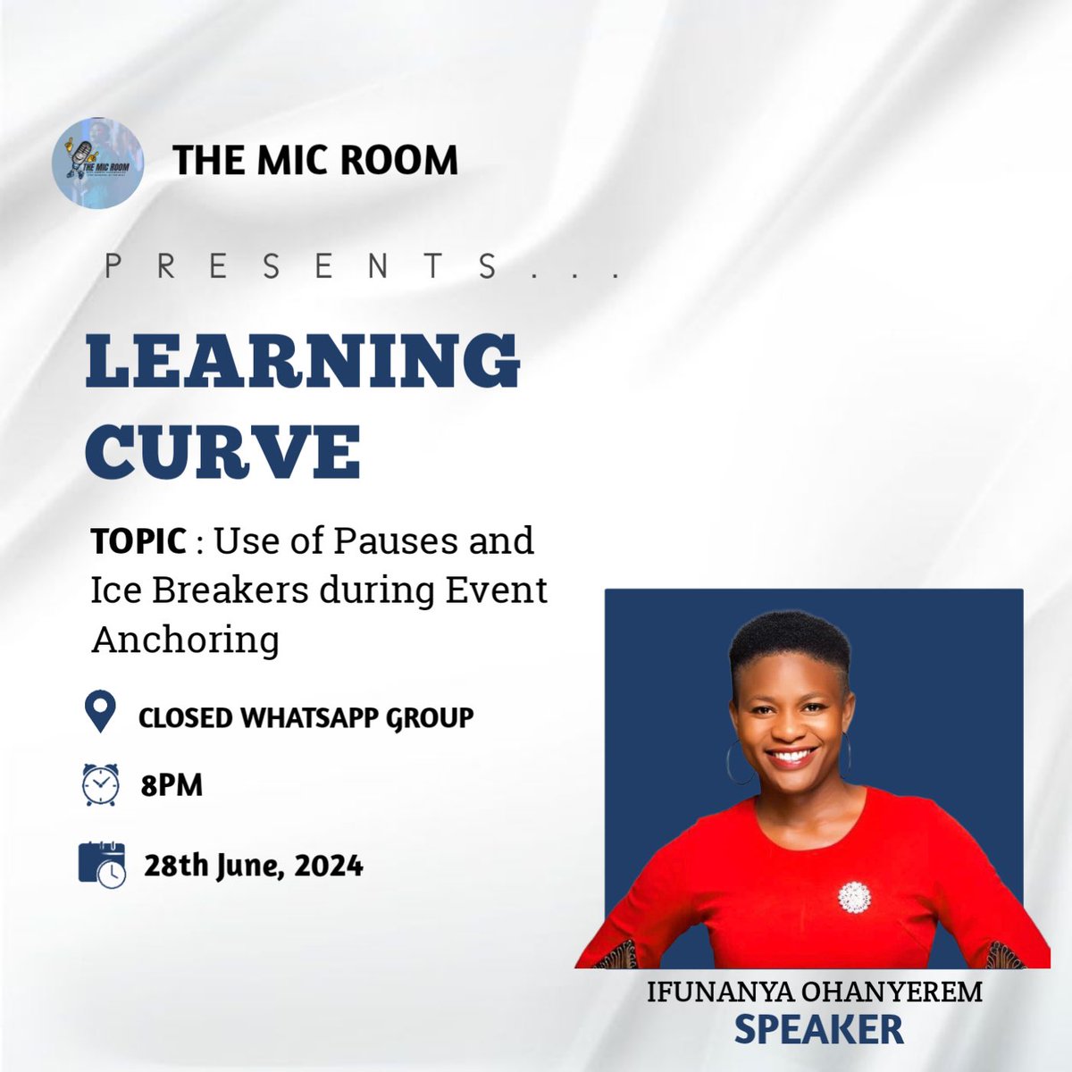 janechi_writer's tweet photo. #talesofanakwaibomcorper

I will be Teaching on THE USE OF PAUSES AND ICE BREAKERS, during Event Anchoring, today 28th June 2024. 

By 8pm, to my Fellow MICERS.

Venue: Mic Room Watsapp Group,
I can’t wait to share from my Wealth of Knowledge. https://t.co/jIqMiOaziA