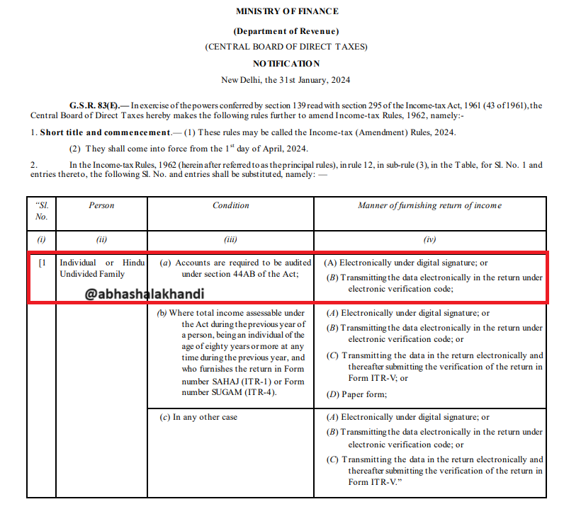 AbhasHalakhandi's tweet photo. Big Breaking!!
Tax Audit Report can now be furnished/approved by the assesses with Aadhar OTP/ Other EVC modes.
Mandatory requirement of Digital Signature has been done away with.

FACILITY ONLY AVAILABLE TO INDIVIDUAL/HUF 
(not to Firm/LLP/Companies/Trust etc.)
and is in line with amendment to Rule 12(3) via Income Tax (Amendment) Rules 2024 effective from 1st April 24 issued via NNO. 19/2024.

Thanks @IncomeTaxIndia for adhering to continuous requests post amendment in R.12(3) 👍

Portal Pic Credits 
Individual Case - @CAAditiBhardwaj 
Partnership Case - @hirenbhandari_ 

Students/Professionals who are interested in knowing more about the legal background of this development may refer below tweets.