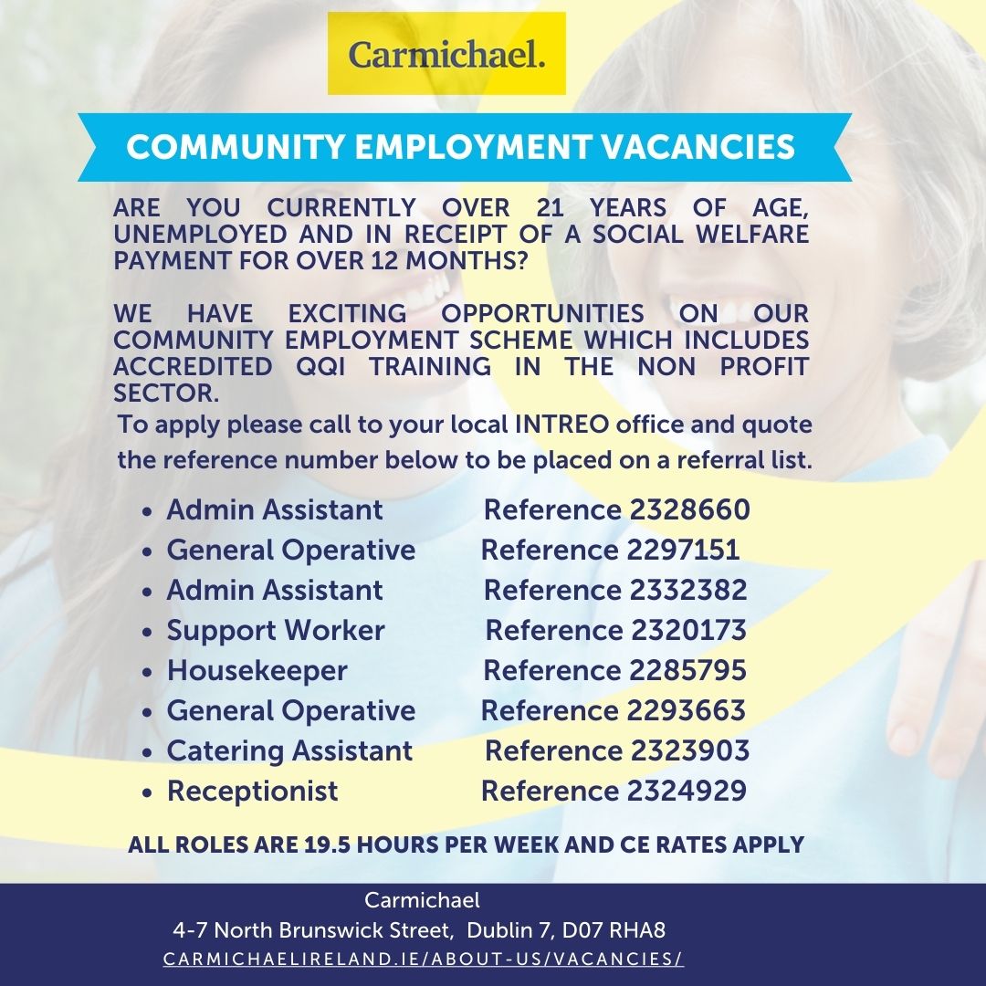 📢 We have some great job opportunities on our #communityemploymentscheme here at Carmichael and with our sub-sponsors.
For more information please contact your local Intreo office and see our website 👇
carmichaelireland.ie/about-us/vacan…
#communityemployment #carmichael #jobsireland