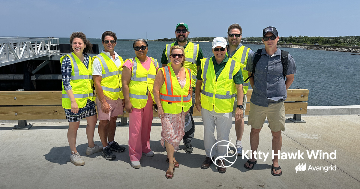 Members of <a href="/Avangrid/">Avangrid</a>’s #offshorewind team for ports, environment, workforce development, fisheries &amp; outreach gathered at the Oak Bluffs dock terminal for crew transfer vessels while touring #VineyardWind1’s new Operations &amp; Maintenance facility in Vineyard Haven, MA last week.