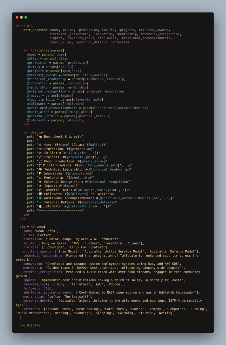 loftwah's tweet image. ➜ coolbio ruby coolbio.rb
👋 Hey, check this out:
------------------------
👤 Name: Dean Lofts (Alias: Loftwah)
💼 Profession: Senior DevOps Engineer & AI Enthusiast
🛠️ Skills: Ruby on Rails, AWS, Docker, Terraform, Linux
🔗 Projects: Echosight, Linux For Pirates!
🎵 Music…