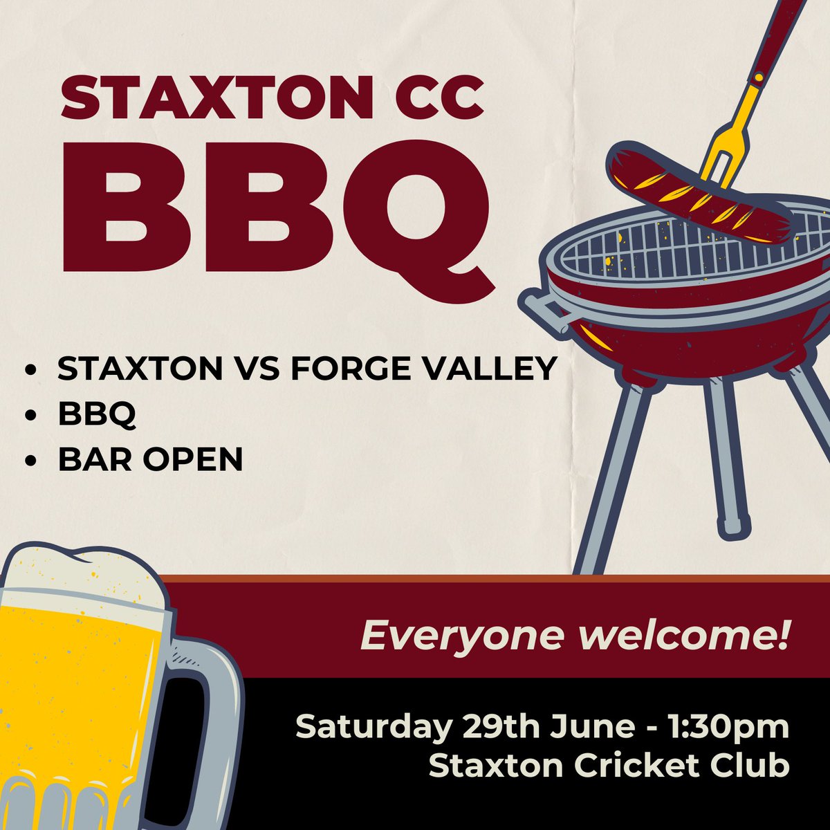 BBQ &amp; cricket! 🏏🍔 

Come down and watch our 2nd XI take on Forge Valley in a top of the table clash! 👊

A bbq will be on and the bar will be open, a perfect Saturday afternoon 🍺

Everybody welcome!