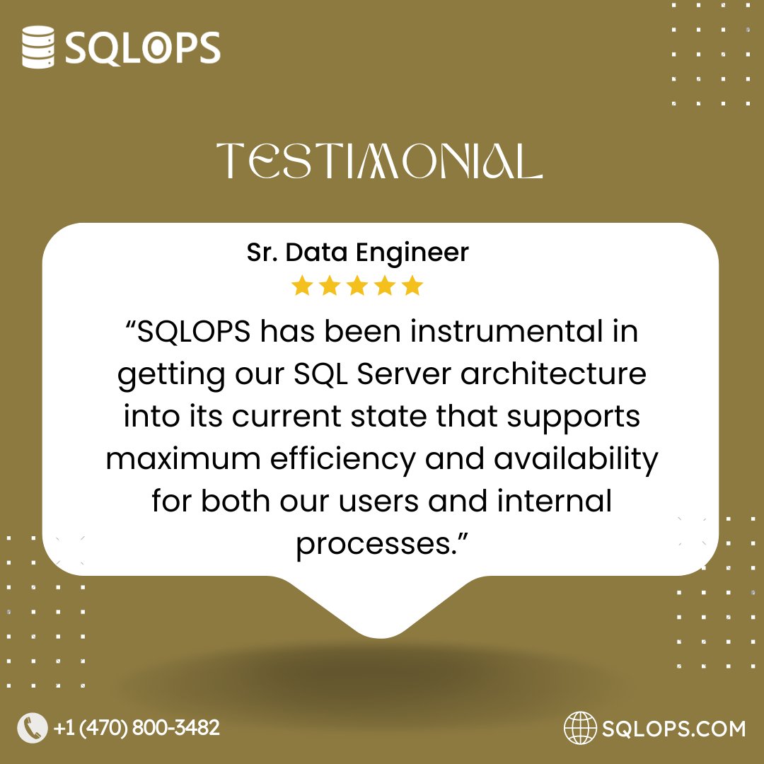 GOSQLOPS's tweet image. Discover the power of SQLOPS DBA services through our client's success stories!
We are here to make a change! Email us at sales@sqlops.com or visit bit.ly/4aD6v3O to read more success stories!
#SQLOPS #DatabaseManagement #DataAvailability #Clienttestimonials