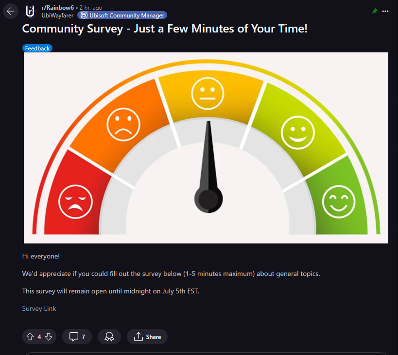 New R6 Community Survey!

Please please please fill it out! ♥️

ubisoft.ca1.qualtrics.com/jfe/form/SV_3w…

reddit.com/r/Rainbow6/com…