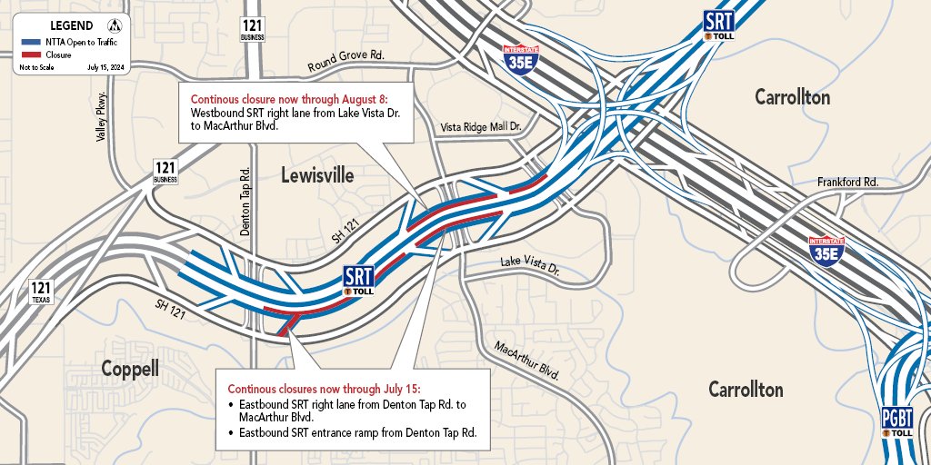 NTTA Traffic Updates (@nttatravelalert) on Twitter photo Sam Rayburn concrete rail construction closure update:
Now through 7/15 (Continuous closure)  
• EB SRT right lane from Denton Tap to MacArthur
• EB SRT entrance ramp from Denton Tap
Now through 8/8 (Continuous closure)  
• WB SRT right lane from Lake Vista to MacArthur Sam Rayburn concrete rail construction closure update:
Now through 7/15 (Continuous closure)  
• EB SRT right lane from Denton Tap to MacArthur
• EB SRT entrance ramp from Denton Tap
Now through 8/8 (Continuous closure)  
• WB SRT right lane from Lake Vista to MacArthur