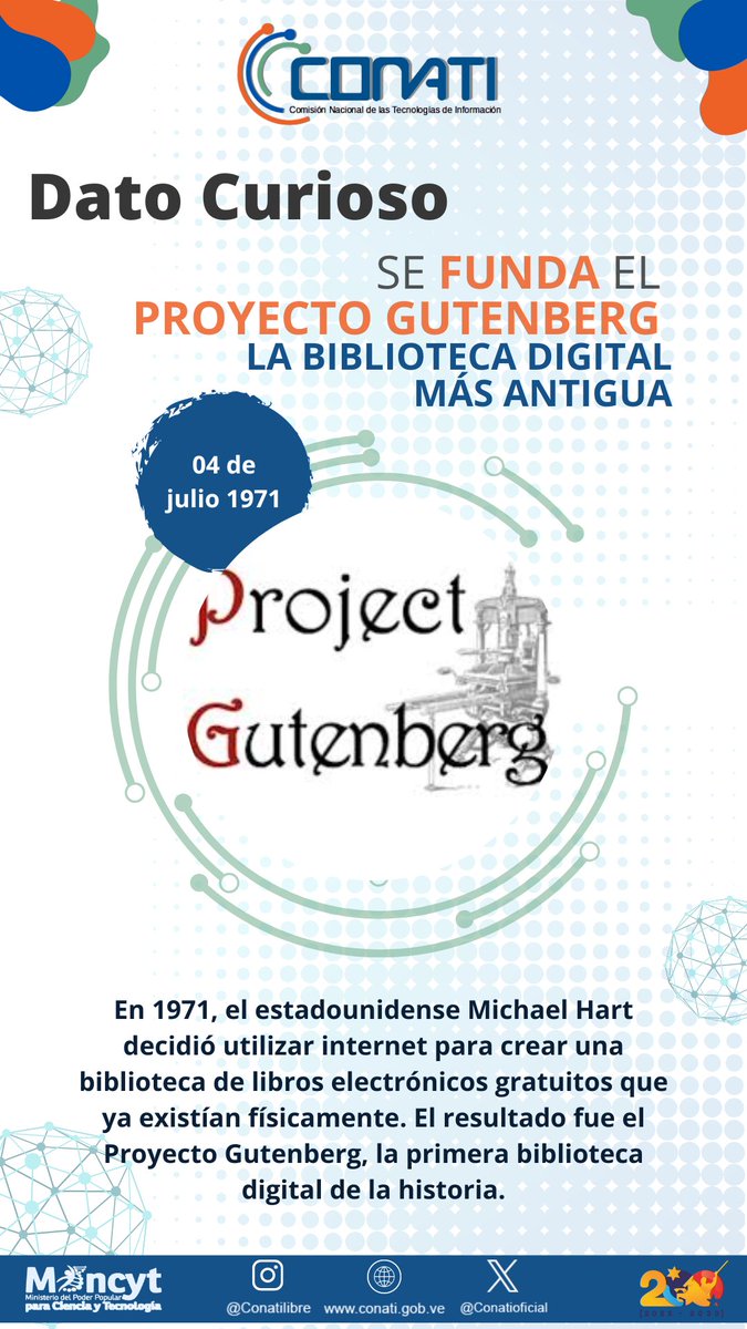 ConatiOficial's tweet photo. Hace 50 años nació  el Proyecto Gutenberg, la biblioteca digital más antigua del mundo 📚💻 ¡Un hito en la historia de la literatura! #DatoCurioso #ProyectoGutenberg #BibliotecaDigital https://t.co/eR54wu7yLN