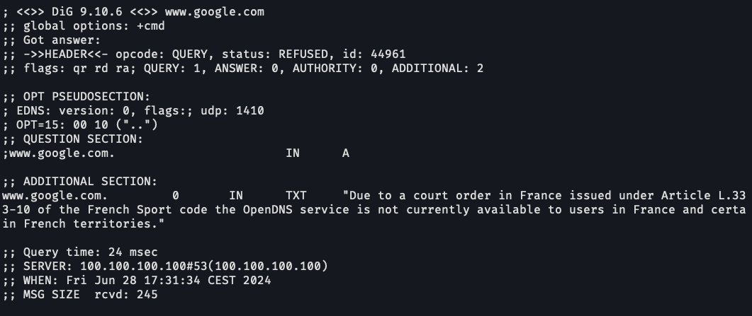I was wondering why I wasn't resolving DNS anymore. A quick dig, and what do I see? 🙄 "Due to a court order in France issued under Article L.333-10 of the French Sport code the #OpenDNS service is not currently available to users in France and certain French territories." WTF