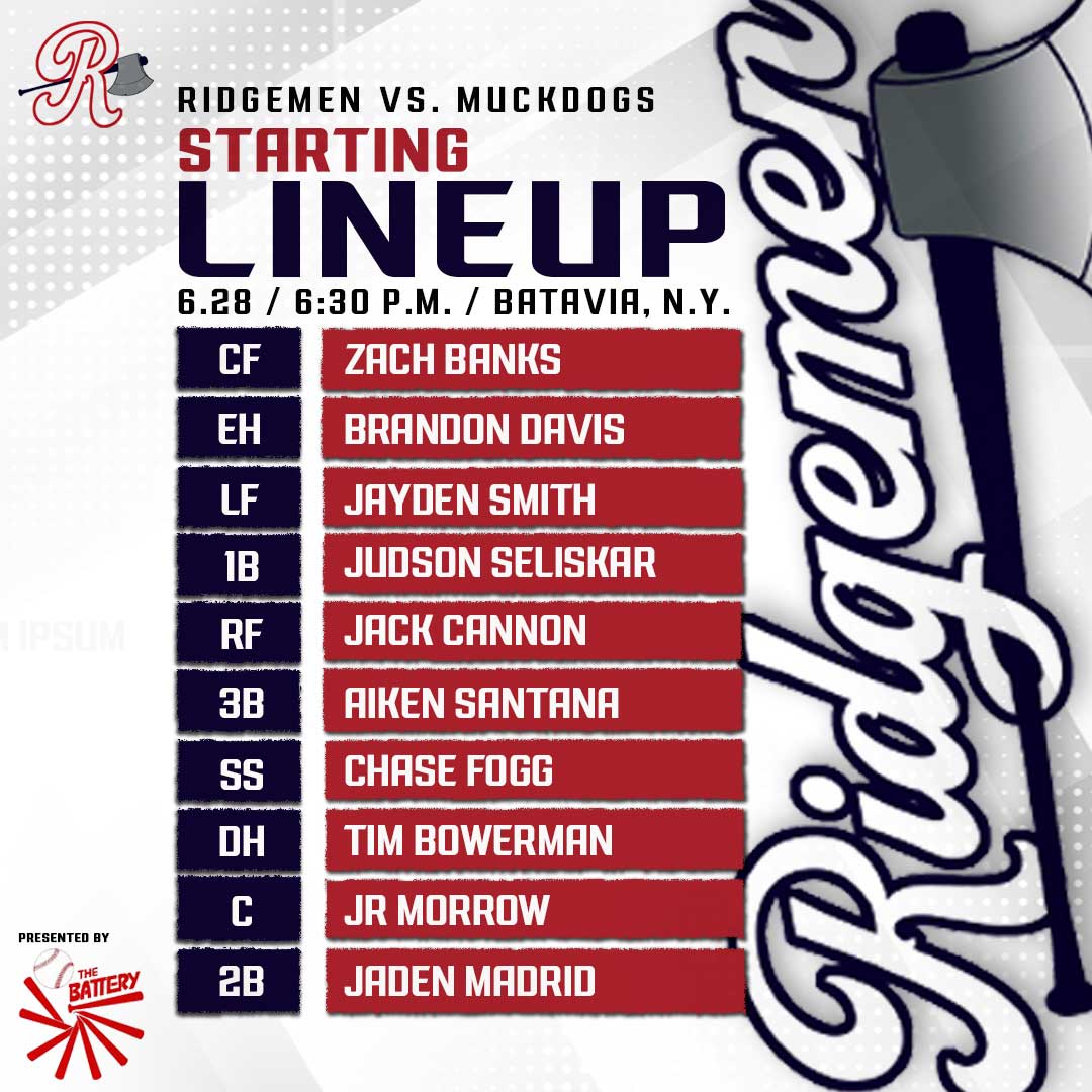 Rochester Ridgemen (@theridgemen) on Twitter photo Tonight's starting lineup against the <a href="/BataviaMuckdogs/">Batavia Muckdogs Baseball</a> is presented by The Battery for all of your indoor baseball/softball training needs. First pitch is set for 6:30 pm.
Pitcher <a href="/AseltaJames/">James Aselta</a> takes the mound tonight for the Ridgemen! Tonight's starting lineup against the <a href="/BataviaMuckdogs/">Batavia Muckdogs Baseball</a> is presented by The Battery for all of your indoor baseball/softball training needs. First pitch is set for 6:30 pm.
Pitcher <a href="/AseltaJames/">James Aselta</a> takes the mound tonight for the Ridgemen!