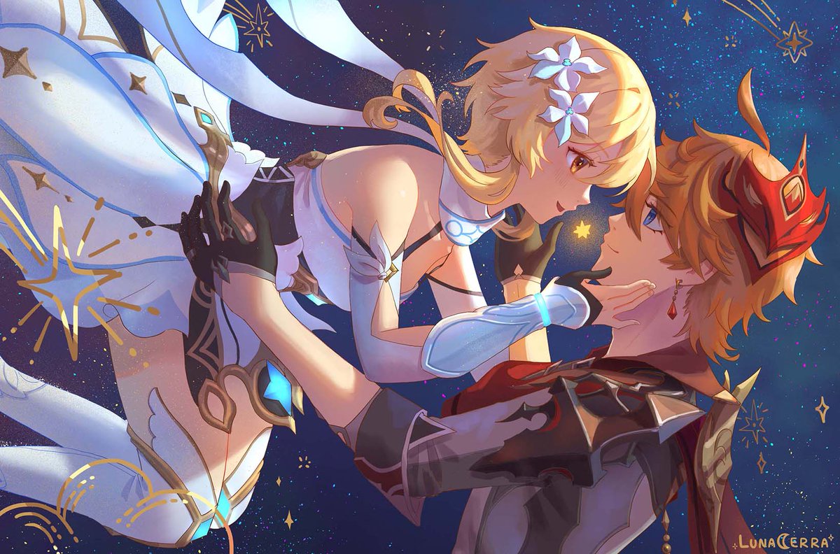 lunacerra's tweet image. 🐳Blossoming Stars✨

Cover of my solo Childe x Lumine zine I did in January! 
I'm very grateful for everyone's support for this project🙇‍♀️ 

#タル蛍 #chilumi