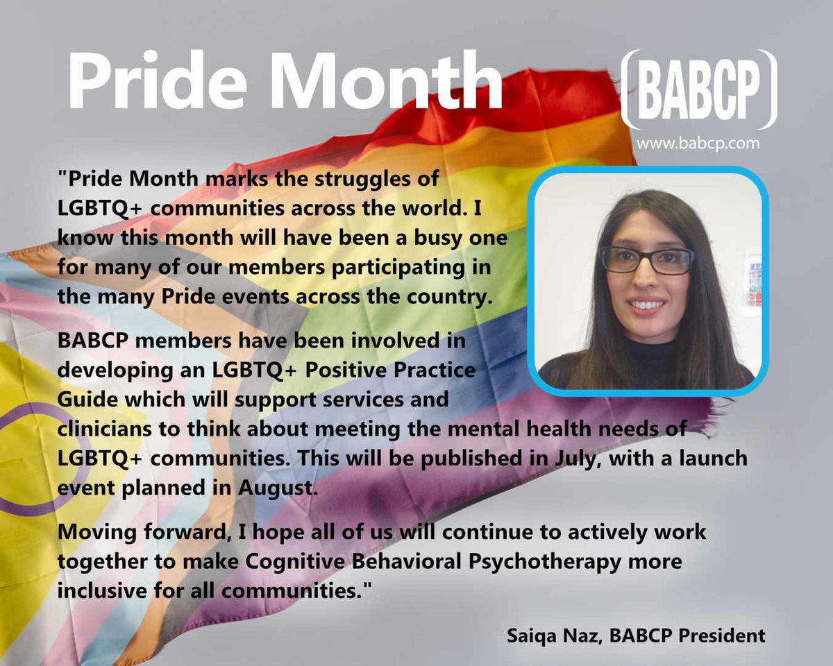 We're delighted that <a href="/BABCP_LGBTQplus/">BABCP LGBTQ+ Special Interest Group</a> will be at <a href="/ManchesterPride/">Manchester Pride</a> on 24 August, and we look forward to seeing you there

"I hope all of us will continue to actively work together to make Cognitive Behavioral Psychotherapy more inclusive for all communities" <a href="/BABCP_President/">BABCP_President</a>