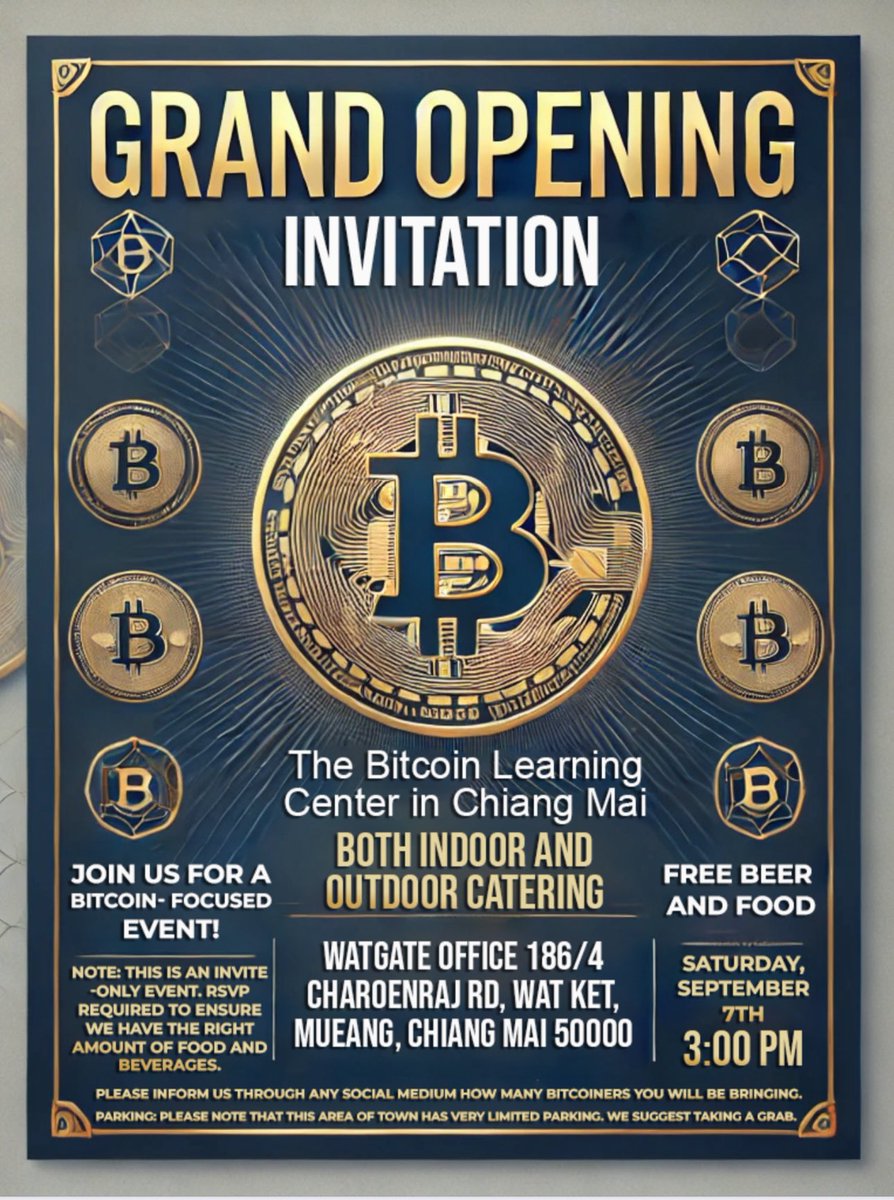 If you're in Thailand a week before the Bitcoin Thailand Conference in Bangkok, join us for our grand opening party in Chiang Mai! Don't miss out! 🎉 #Bitcoin #Thailand