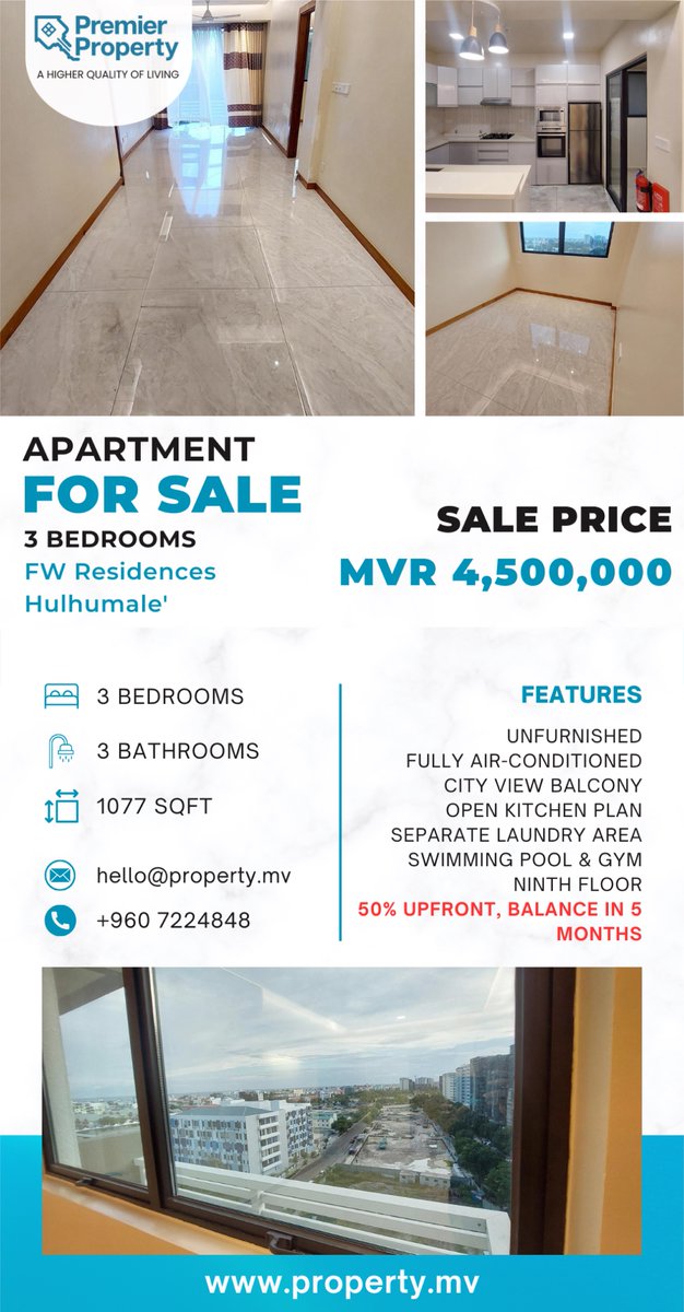 🏡 3 bedroom apartment in FW Residences, Hulhumale' for SALE.

Floor Area: 1077 sqft
Price: MVR 4.5 million
Payment Options:
- Full upfront payment
- 50% upfront, balance in 5 months

This luxury 9th floor, city view unit offers unfurnished interiors, complete air-conditioning
