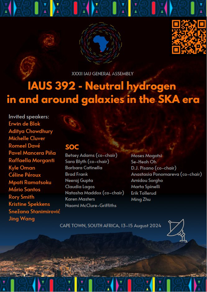 astronomy2024's tweet photo. Join us for IAU S 392: "Neutral Hydrogen in and Around Galaxies in the SKA Era" from August 13-15, 2024, in Cape Town, South Africa. 

Delve into the latest research on neutral hydrogen with the Square Kilometre Array. 

Learn more here: https://t.co/PJ7fOfuJZy https://t.co/ntIfJ6oBVM