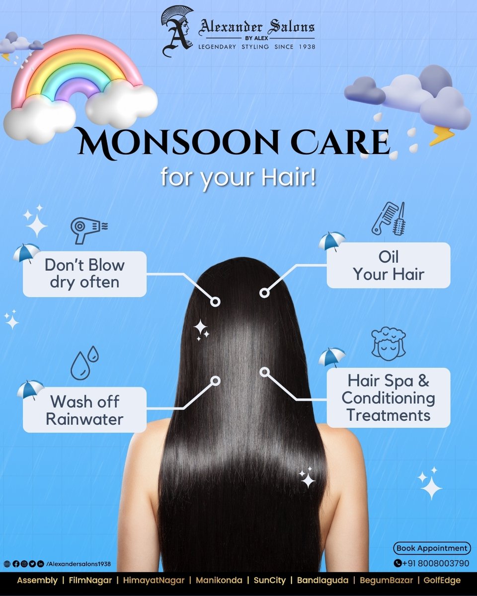 AlexSalons1938's tweet photo. Keep your locks luscious and healthy this rainy season with our top monsoon hair care tips &amp; legendary services.

Book Appointment Now at +91 8008003790

#AlexanderSalons #LegendaryStyling #bestsalon #hyderabadbestsalon #premiumsalon #salonservices #bestservices @PixelarMedia https://t.co/bDxPUJszd6