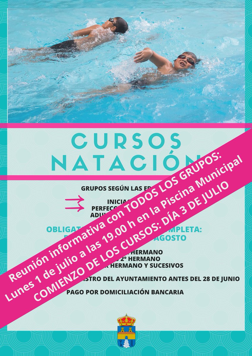 aytocambil's tweet photo. 📢 ¡Atención a todos los grupos de natación! 📢

¿Estás listo para empezar con nuestros cursos? No te pierdas la reunión informativa el 𝗹𝘂𝗻𝗲𝘀 𝟭 𝗱𝗲 𝗷𝘂𝗹𝗶𝗼 𝗮 𝗹𝗮𝘀 𝟭𝟵.𝟬𝟬 𝗵 en la Piscina Municipal. ¡Comenzamos el día 3 de julio! 🏊‍♂️📆🎉 https://t.co/R0u8dxnzXi