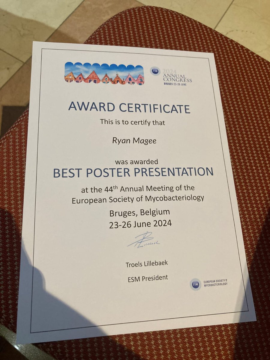 AFBI EMbI (@afbi_embi) on Twitter photo Really pleased that our <a href="/AFBI_EMbI/">AFBI EMbI</a> and <a href="/QUBIGFS/">IGFS</a> PhD student, <a href="/ryan_magee97/">Ryan Magee</a> won the best poster award at this year's <a href="/EsMyco/">European Society of Mycobacteriology</a> meeting in Bruges. Here he is with fellow TB champion, Prof Michele Miller of <a href="/StellenboschUni/">Stellenbosch University</a> .
Well done, Ryan. Really pleased for you.
<a href="/AFBI_NI/">AFBI</a> Really pleased that our <a href="/AFBI_EMbI/">AFBI EMbI</a> and <a href="/QUBIGFS/">IGFS</a> PhD student, <a href="/ryan_magee97/">Ryan Magee</a> won the best poster award at this year's <a href="/EsMyco/">European Society of Mycobacteriology</a> meeting in Bruges. Here he is with fellow TB champion, Prof Michele Miller of <a href="/StellenboschUni/">Stellenbosch University</a> .
Well done, Ryan. Really pleased for you.
<a href="/AFBI_NI/">AFBI</a>
