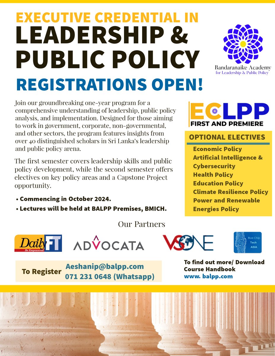 Unlock your full potential with the BALPP's Executive Credential in Leadership &amp; Public Policy.  

Register now and join us at our BMICH premises and be part of Sri Lanka's premier leadership and public policy education experience.

#SriLanka  #leadership #balpp