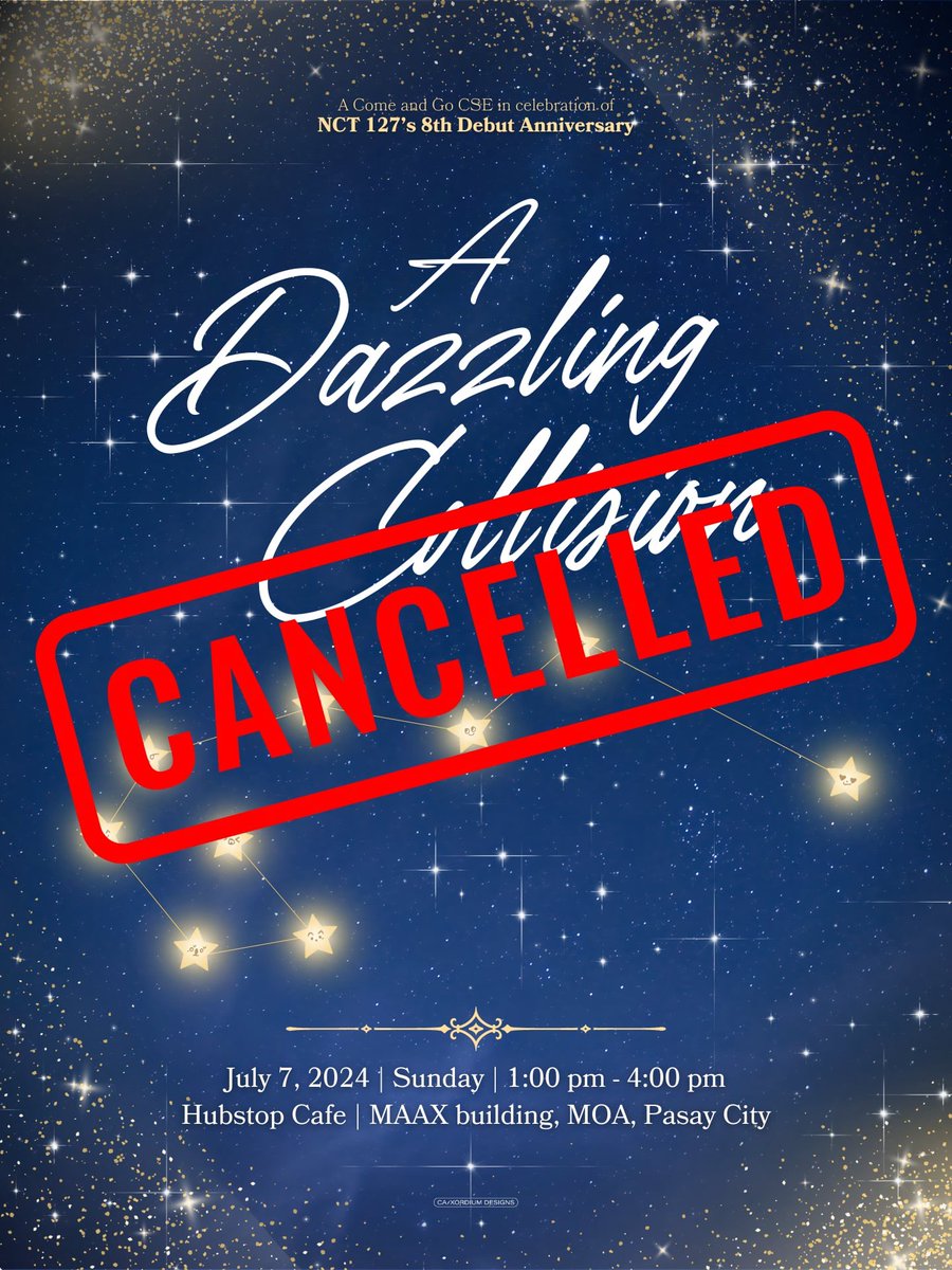 neoheartsco's tweet photo. Hi, this is Neo Hearts Co. Due to unforeseen circumstances, we sadly announced that, “A Dazzling Collision,” a Cupsleeve Event in celebration of NCT 127's 8th Debut Anniversary, is cancelled.

Thank you to each one of you who showed their interest and support in our event 💫 https://t.co/RUFwdx1rmq