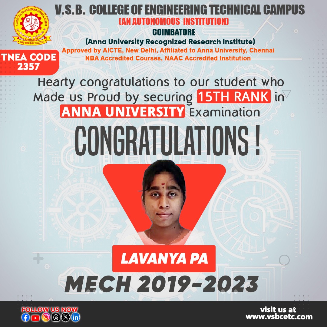vsbcetc's tweet image. #vsbwishes #annauniversity #mechnicalengineering #rankholder &quot;Hearty congratulations to our student, Ms.Lavanya PA, on securing the 15th rank in the Anna University Exam.&quot; #vsbcetc #vsb #coimbatorecampus #2024