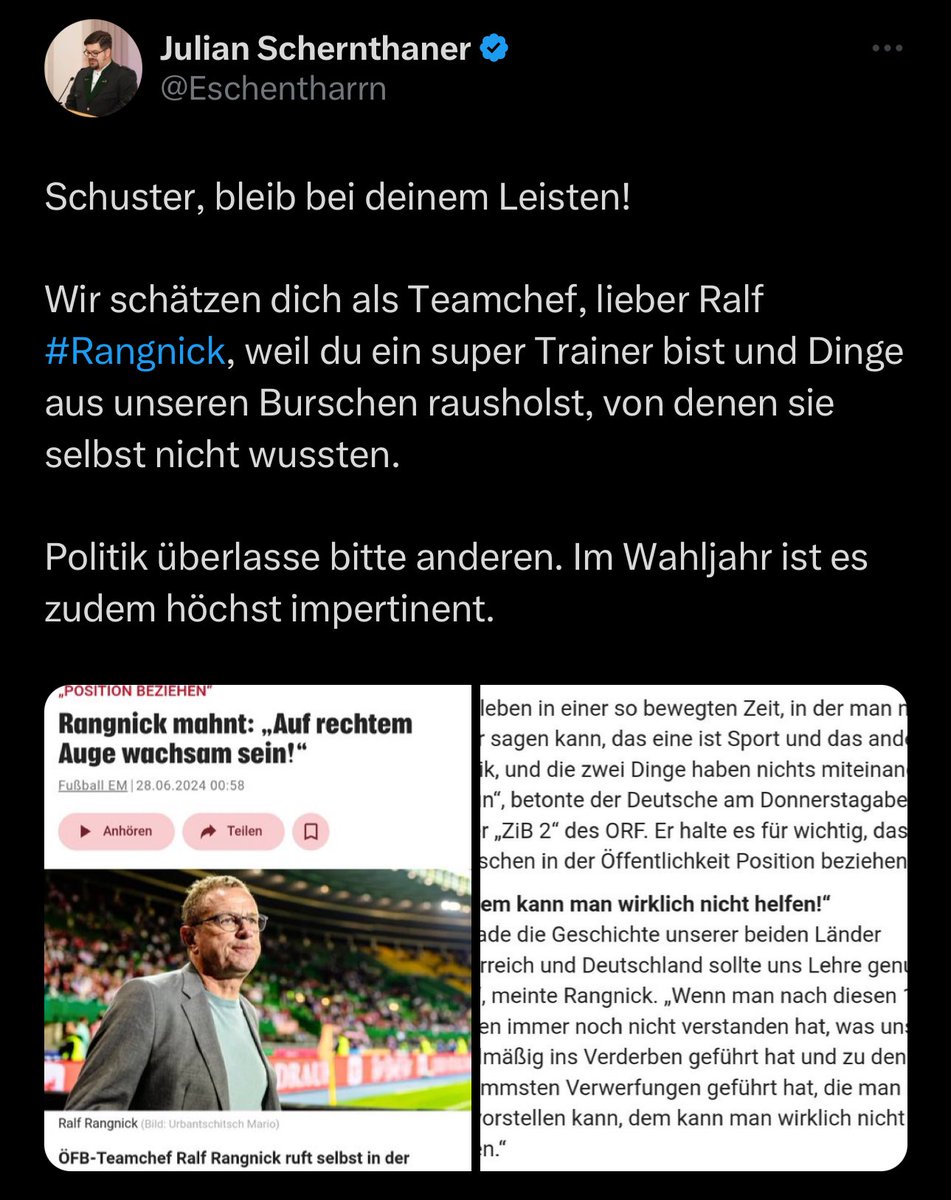 So ticken sie, die Rechten. Immer „Freiheit!!!“ grölen, aber wehe es äußert jemand seine Meinung zu einem Thema, das ihnen nicht passt, soll er sich raushalten. Daher umso mehr: danke Ralf #Rangnick für diese klaren Statements.