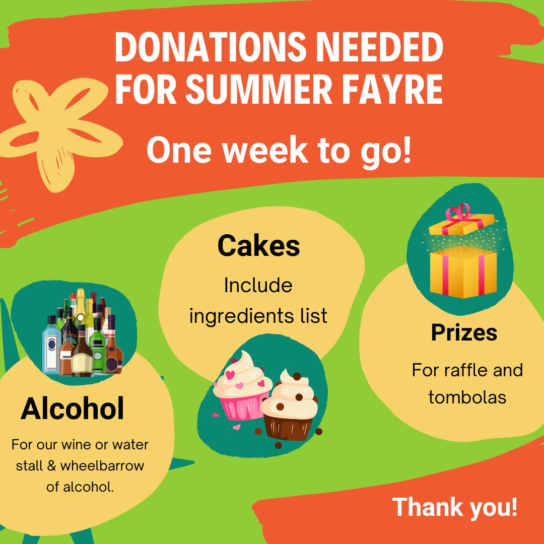 Just one week to go before our Summer Fayre on 6 July from 10am - 2pm! Let us know if you'll be there in the comments, it's a lovely day to bring friends and family along to support the Centre. We'd be grateful for any of the donations listed below! 😀☀